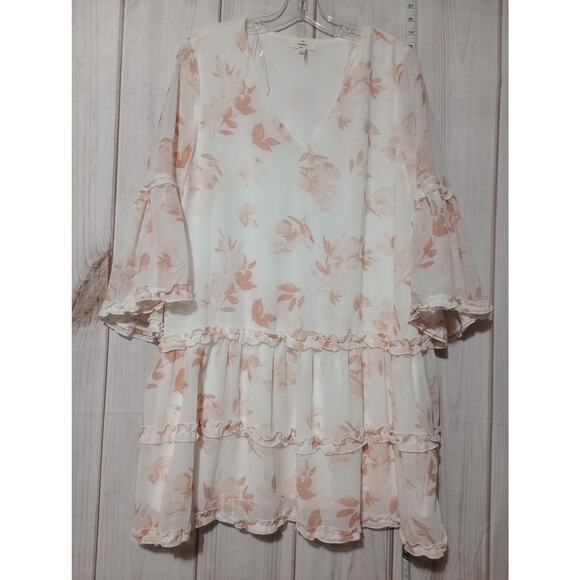 Entro Dress Womens Medium White Peach Floral Chiffon Sheer Ruffle‎ Tiered Boho - Picture 1 of 8